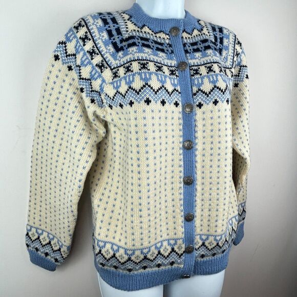 Handmade O Allers Nilssen Norway Wool Fair Isle Cream Blue Cardigan Sweater S/M - Picture 12 of 15